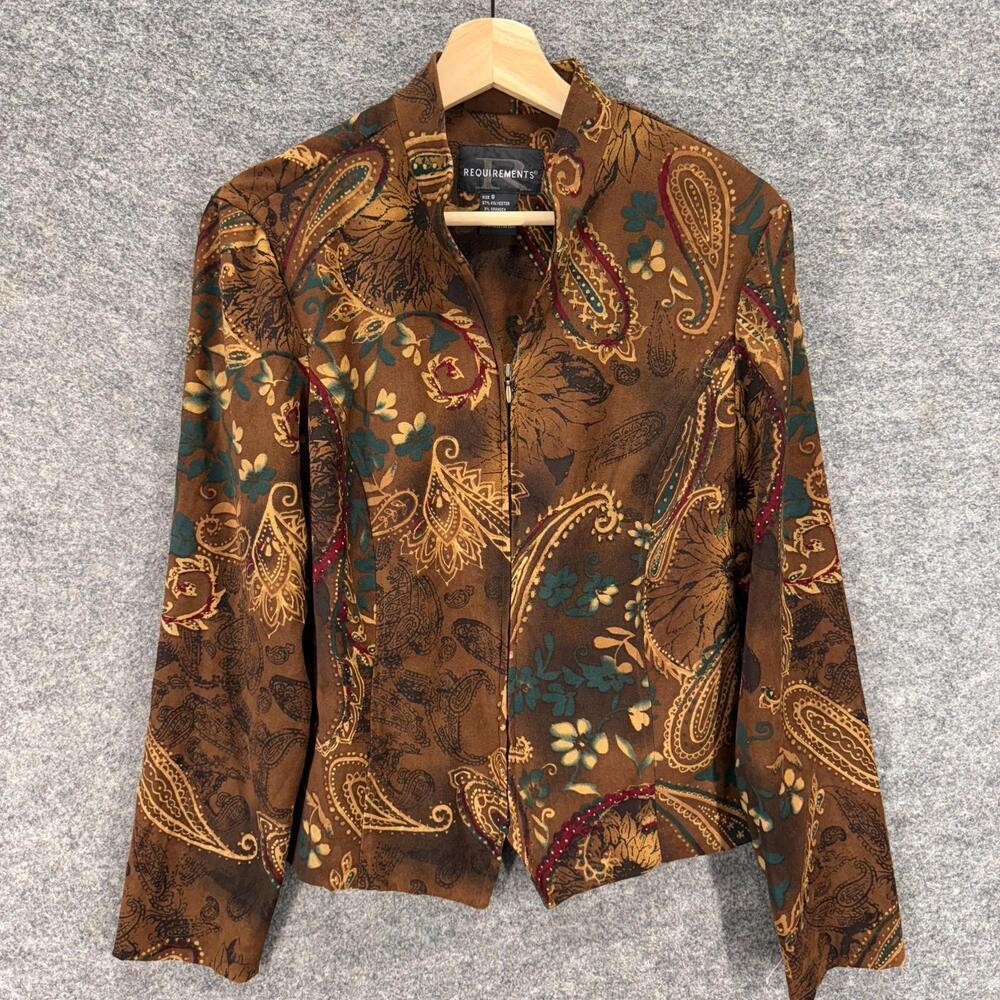 Requirements Jacket Women 8 Brown Paisley Full Zip Long Sleeve Collared Casual